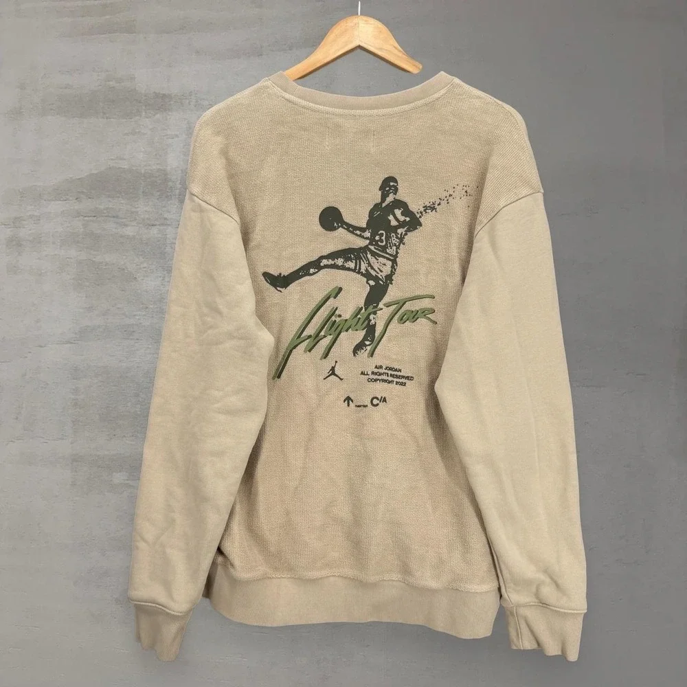 Jordan Heritage Sweatshirt Tan Flight Tour Graphic Waffle Knit Crewneck Large - Picture 1 of 7